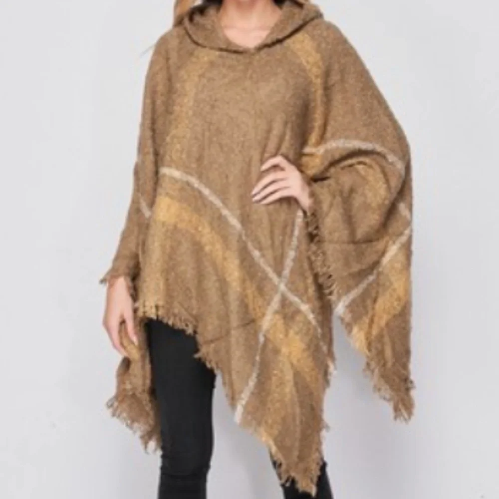 30 Boho Modern Plaid Hooded Fringed Poncho - Picture 2 of 2